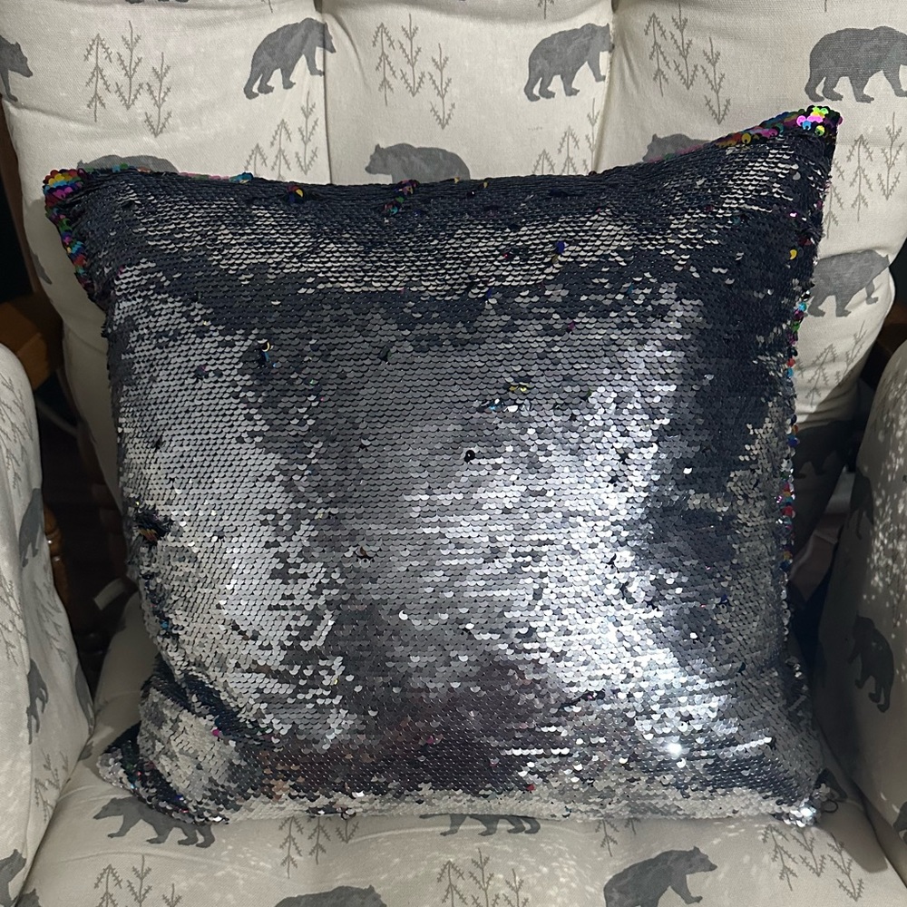 Mermaid sequin pillow. Silver and rainbow sequins
